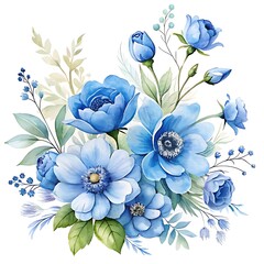 Elegant Blue Floral Watercolor Bouquet Illustration