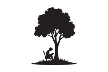 Person Reading Book Under Tree Silhouette Reading Scene Silhouette