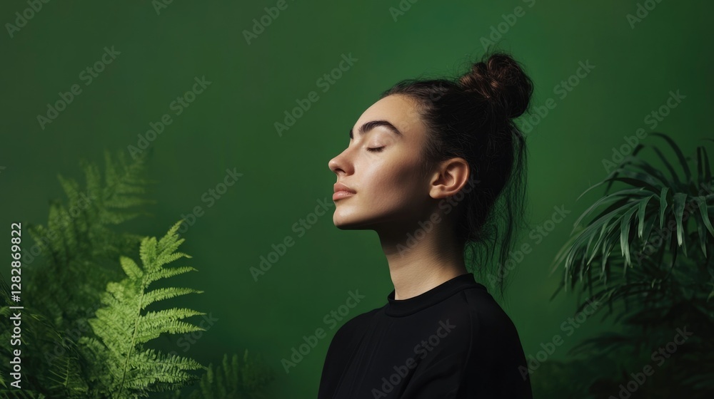 Poster serene portrait of person with green background featuring soft focus nature elements and ample copy 