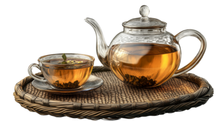 Elegant teapot and cup on woven tray transparent background png home decor cozy atmosphere still life