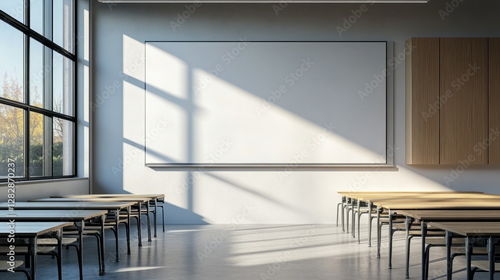 Poster whiteboard without any words or numbers, displayed on the wall of a minimalistic classroom, soft sha