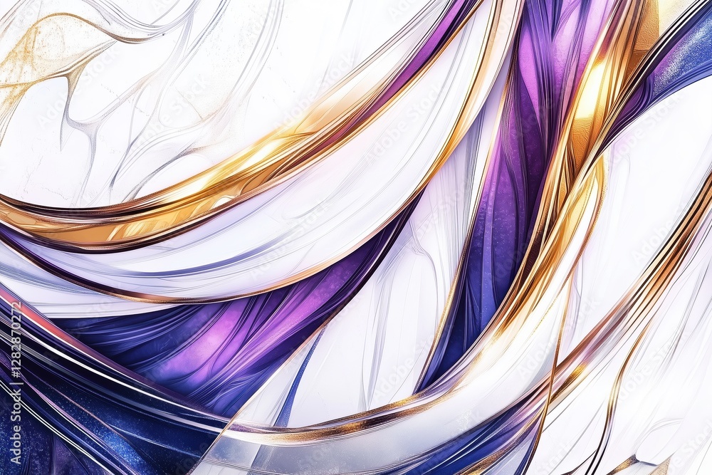 Poster an abstract composition featuring flowing ribbons of purple, gold, and white. the design showcases s