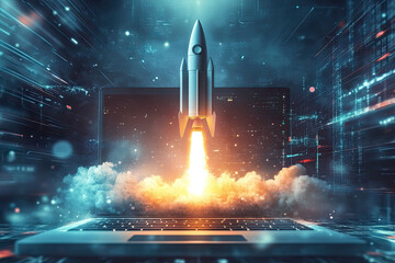 High-tech digital artwork of a laptop launching a rocket, symbolizing business acceleration, venture success, and breakthrough technological advancements in the startup world. 