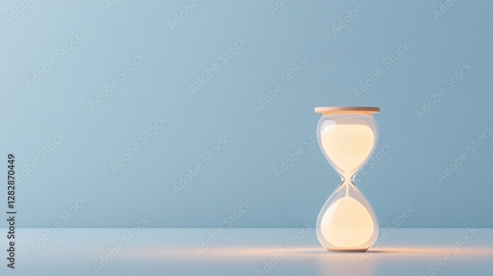 Poster simple hourglass icon glowing with soft light positioned on neutral background with plenty of empty 