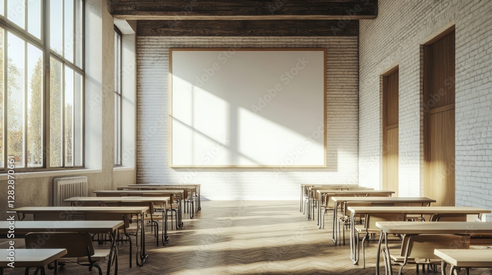 Poster whiteboard without any words or numbers, displayed on the wall of a minimalistic classroom, soft sha