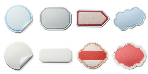 A collection of stickers with various shapes and colors. The stickers are arranged in a grid, with some overlapping each other. Scene is playful and creative