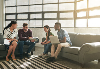 Tablet, startup and business people on sofa in office for teamwork, collaboration and discussion. Meeting, company and men with women on digital tech for SEO research, project feedback and website