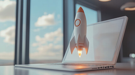 Modern business concept featuring a laptop with a rocket soaring into the sky, depicting the idea of an innovative startup, rapid promotion, and high-tech marketing solutions. 