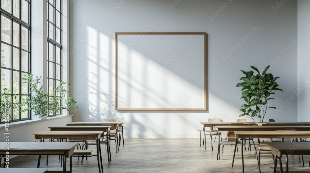 Poster whiteboard without any words or numbers, displayed on the wall of a minimalistic classroom, soft sha