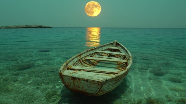 Sunlit Moon, Submerged Boat, Crystal-Clear Water, Rocky Coast