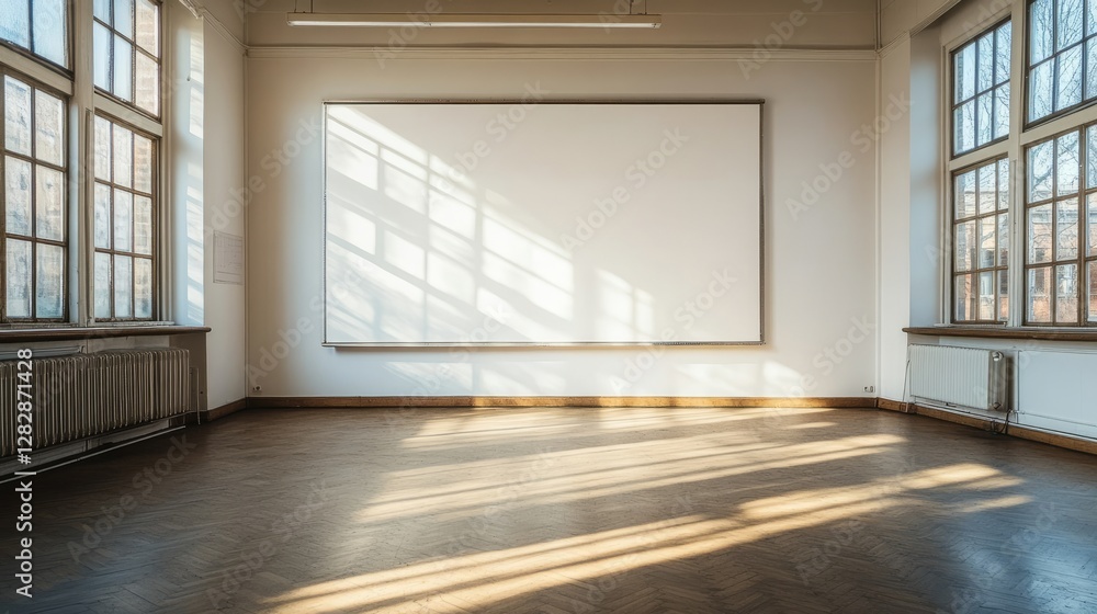 Aufkleber whiteboard without any writing, fixed on the wall of an empty school classroom, soft light creating 