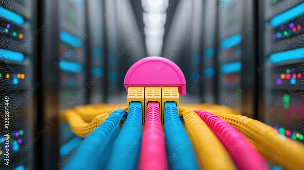 Poster a vast network of interconnected servers and data cables in a modern data center, representing the b