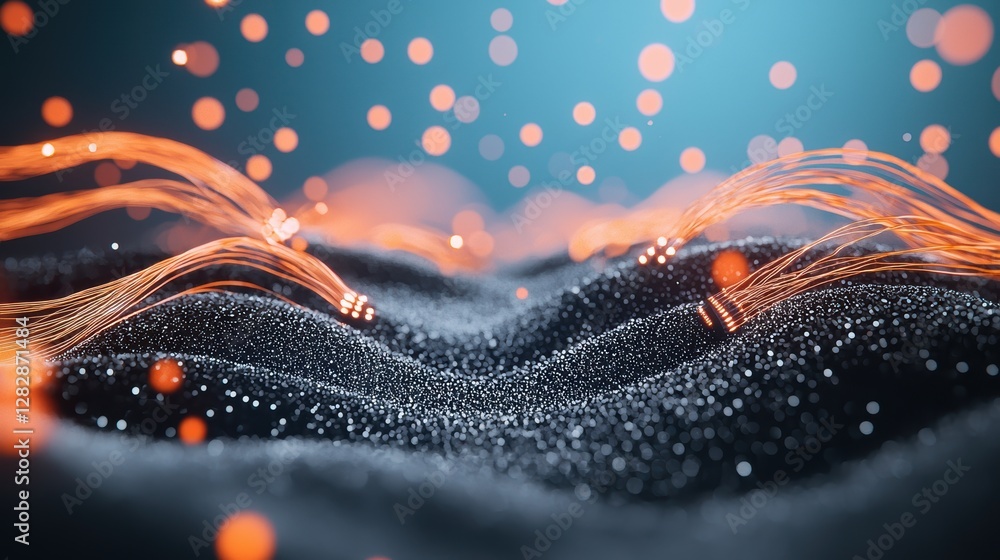 Poster an abstract representation of network data flowing through fiber optic cables, visualized by beams o