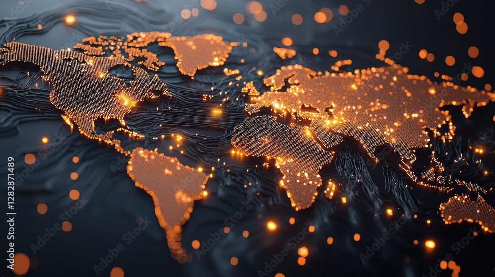 Poster a glowing network map of the world with data streams flowing between continents, illustrating global