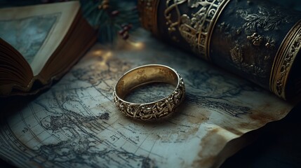 Ancient gold ring with intricate engravings placed on an old world map beside antique books and candlelight. Vintage treasure symbolizing history, exploration, and lost legends.