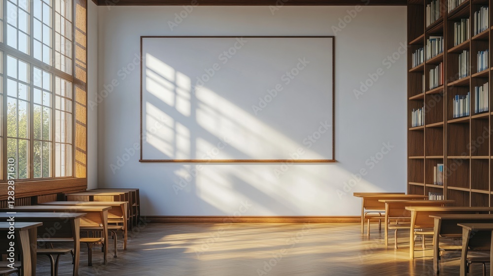 Poster whiteboard without any writing, fixed on the wall of an empty school classroom, soft light creating 