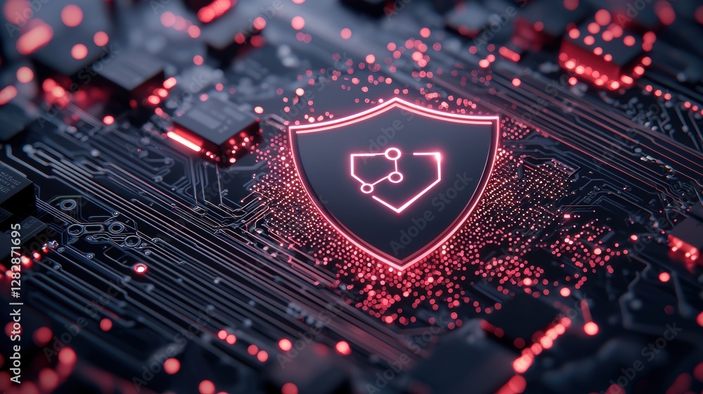 Poster a digital shield icon superimposed on a circuit board background, representing robust cybersecurity 