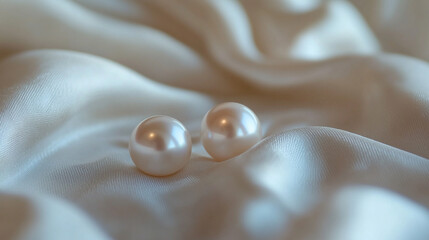Elegant pearl stud earrings rest on a luxurious satin background, showcasing soft creamy white and beige pearls. The satin fabric drapes beautifully, symbolizing high-end fashion and timeless luxury.
