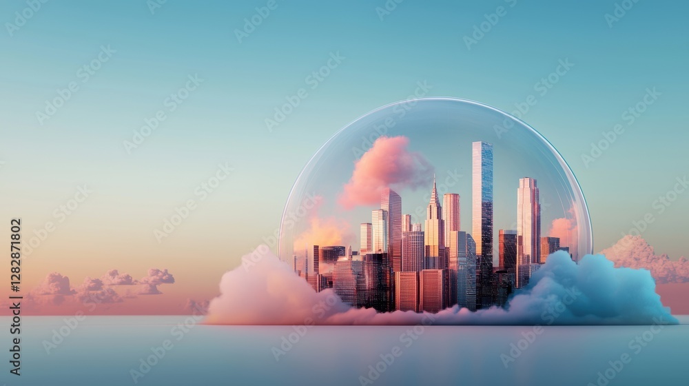Poster a futuristic cityscape with a protective digital dome shielding it from cyberattacks, representing t