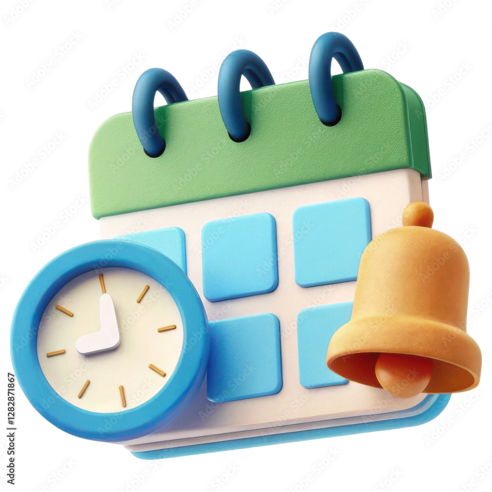 Poster calendar with clock and notification bell for scheduling events
