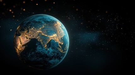 A close-up image of Earth from space, highlighting the blue oceans, green continents, and swirling cloud patterns, emphasizing the fragility and interconnectedness of our planet.