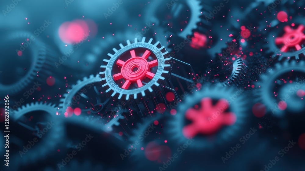 Poster a complex network of gears, cogs, and levers working together in perfect synchronization, representi