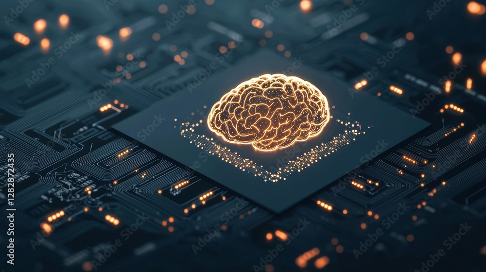 Poster a glowing brain icon superimposed on a circuit board, symbolizing the intersection of artificial int