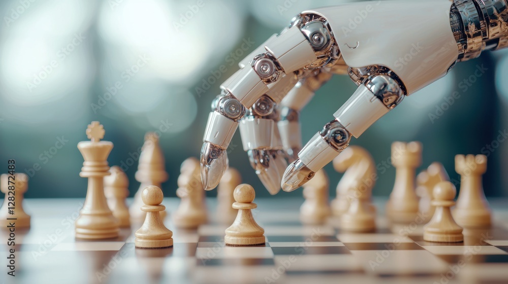 Poster a robotic hand interacting with a chessboard, representing the ability of artificial intelligence to