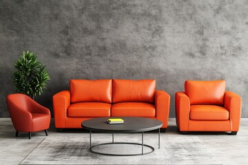 Orange Leather Sofa Set Decorates Modern Living Room with Concrete Wall, Stylish Home Interior Design