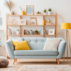 Cozy Living Room: A stylish and inviting living room, featuring a comfortable sofa, decorative shelves, and warm lighting, creates a serene and welcoming atmosphere. 