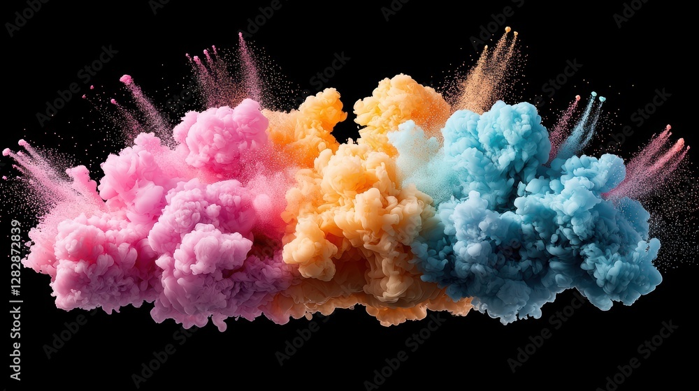 Poster colorful plumes of smoke bombs exploding in midair, blending seamlessly to form a vibrant and abstra