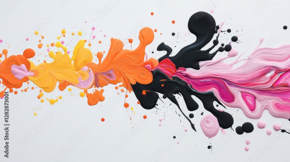 Poster a stream of brightly colored paint poured onto a canvas, creating a dynamic and expressive abstract 