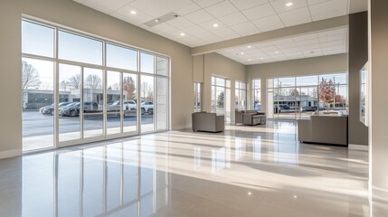 Empty dealership with modern, minimalist design and spacious layout. Featuring sleek decor and neutral tones