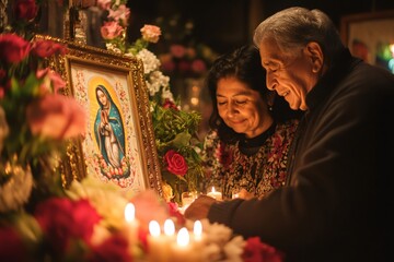 Mexican senior couple praying our lady of guadalupe with candles and flowers