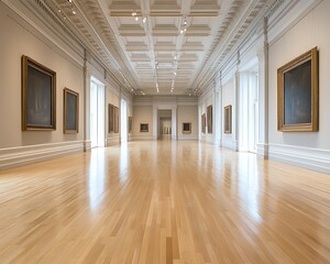 Art gallery interior, paintings, hardwood floor, sunlight