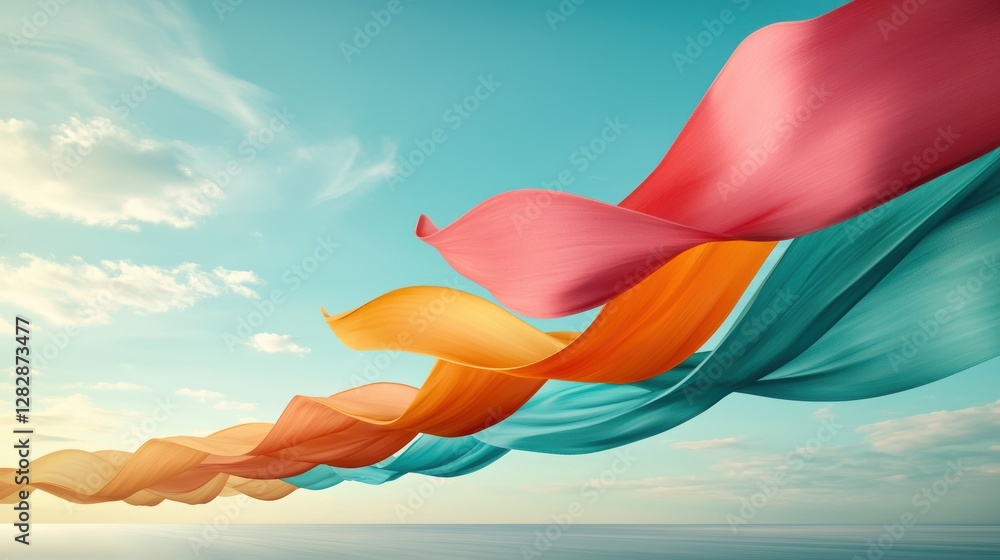Poster a row of colorful flags flapping vigorously in the strong wind, their edges blurred by motion, conve