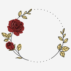 Floral wreath. Frame of garden red rose with stem and leaves. Hand drawn sketch. Vector stock illustration.	