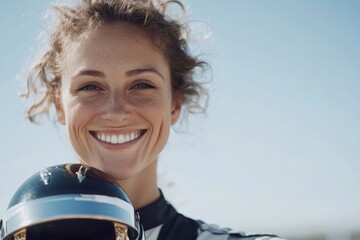 smiling racer in trophy ceremony holding their helmet and prize while posing for camera