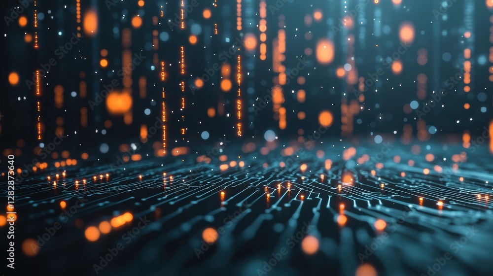 Poster binary code streaming across a dark background, representing the flow of digital information and the