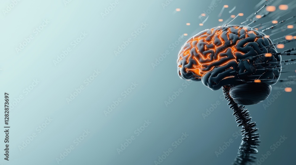Poster conceptual illustration of a human brain connected to a network of data streams, representing artifi
