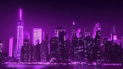 Fototapeta premium Purple Night Illuminates City Skyline Buildings