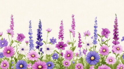 Naklejka premium A vibrant array of multicolored flowers, showcasing shades of pink, purple, and white, set against a soft, neutral background.