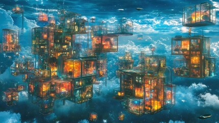 Floating city of interconnected cubic structures in the clouds, with warm interior lighting and detailed designs, seen from above.