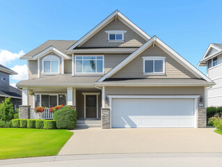 A newly built modern suburban house with a neutral-toned facade, large front porch, and two-car garage, perfect for a real estate advertisement. 