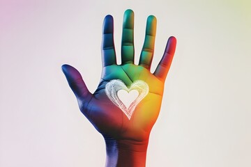 A vibrant graphic design for the International Day for the Elimination of Racial Discrimination, featuring a large, multicolored handprint with a bold red heart at its center.