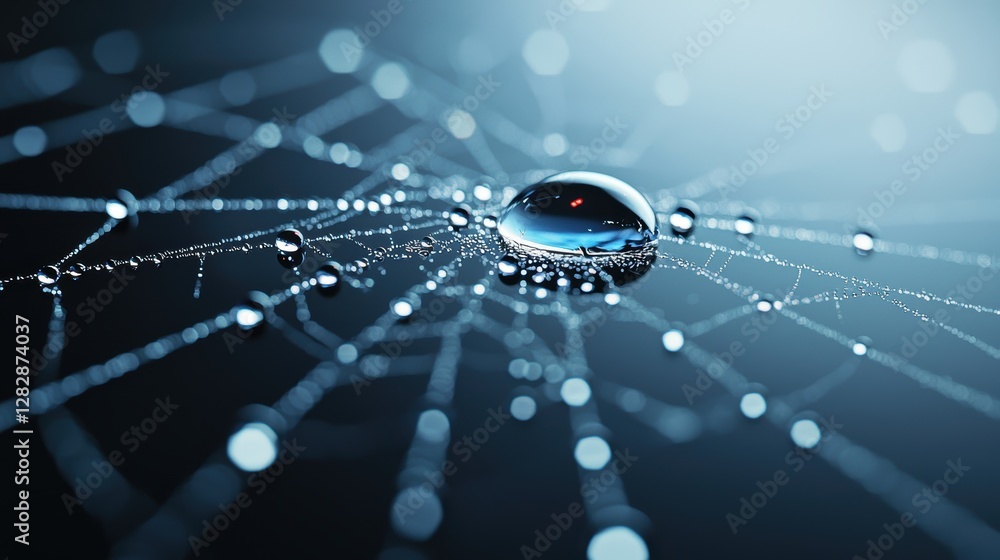Poster close-up of a spider web covered in dew drops, reflecting the surrounding environment, with a gentle