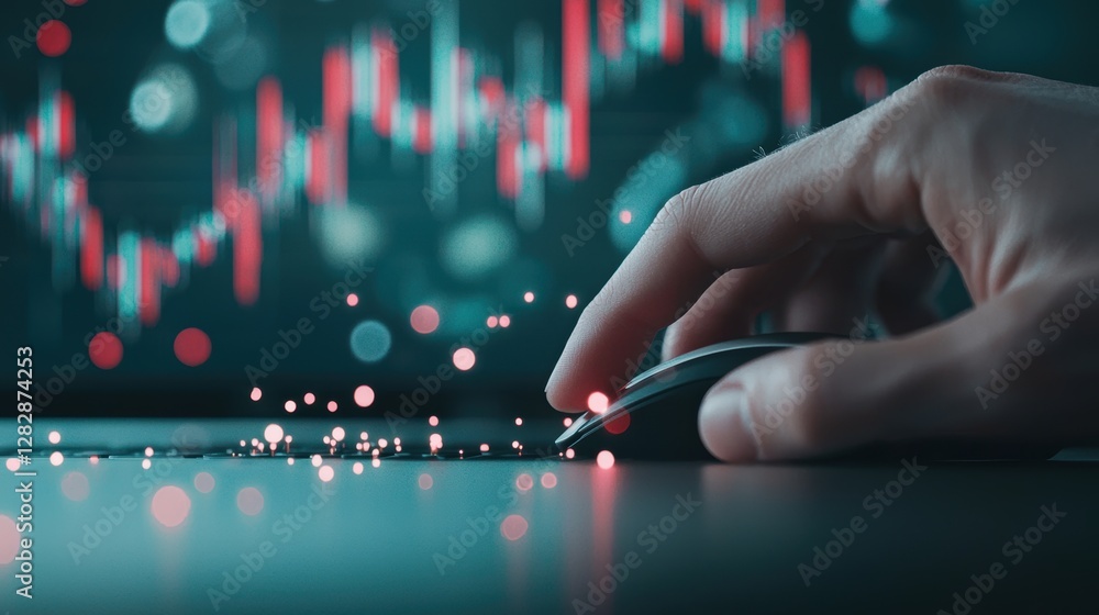 Poster a close-up view of a computer screen filled with stock charts, technical indicators, and a trader's 