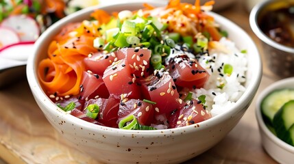 Fresh Tuna Poke Bowl with Vegetables and Rice Garnished with Sesame Seeds and Green Onions