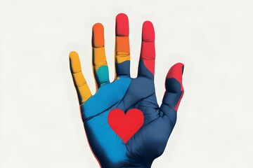 A vibrant graphic design for the International Day for the Elimination of Racial Discrimination, featuring a large, multicolored handprint with a bold red heart at its center.