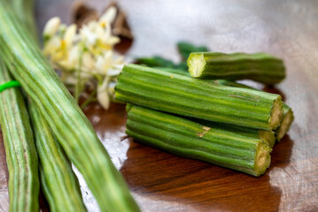 Moringa oleifera, Moringa leaves, Moringa flower, Moringa seed on wood background